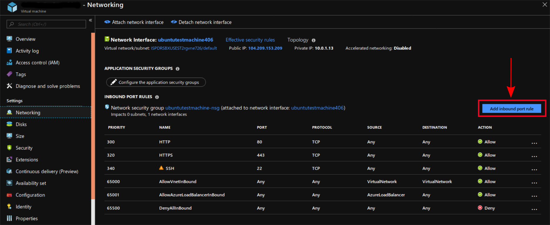 Networking Settings for Azure Virtual Machine